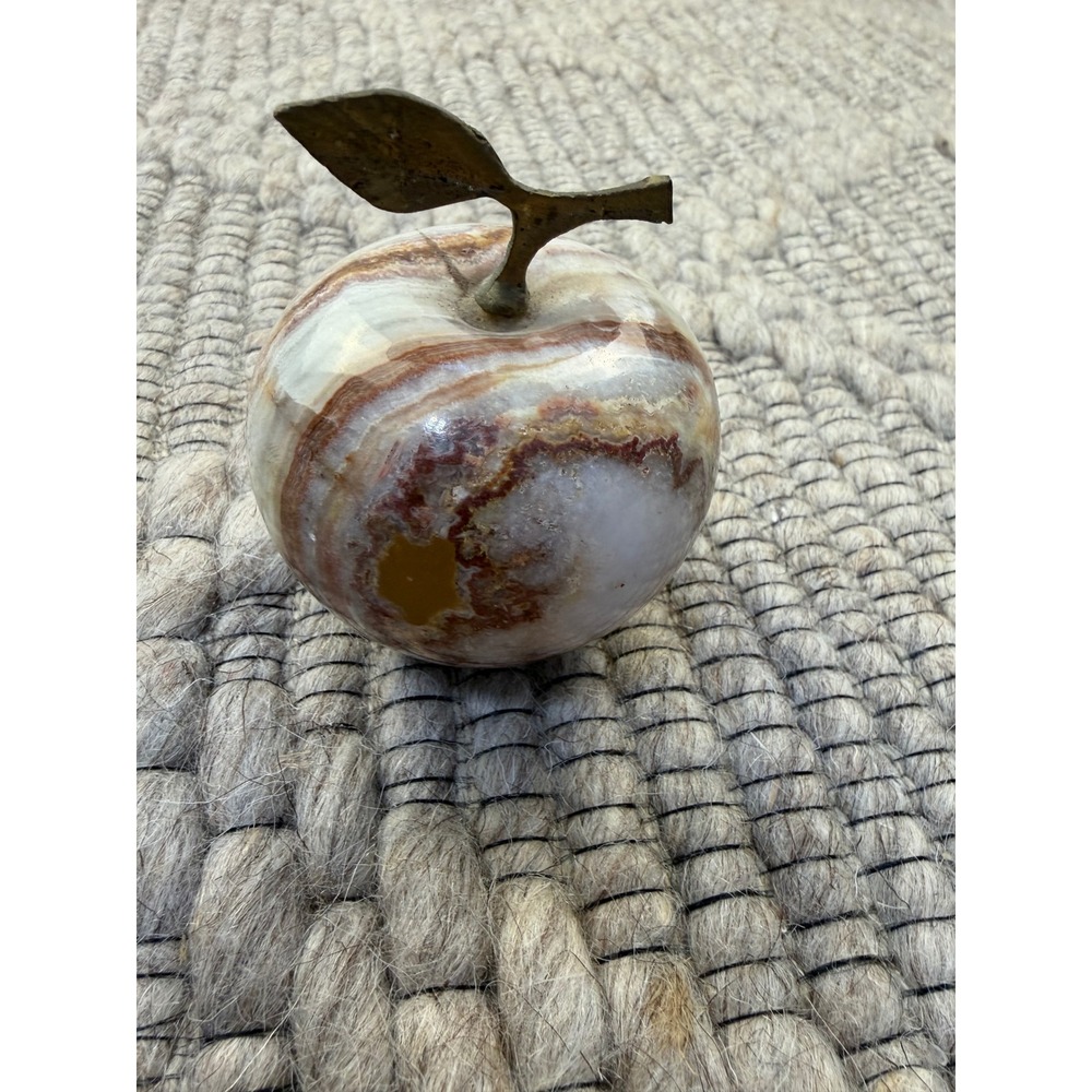 Apple Paperweight Unisex Small Marble Stone Brass Stem Leaf Vintage
